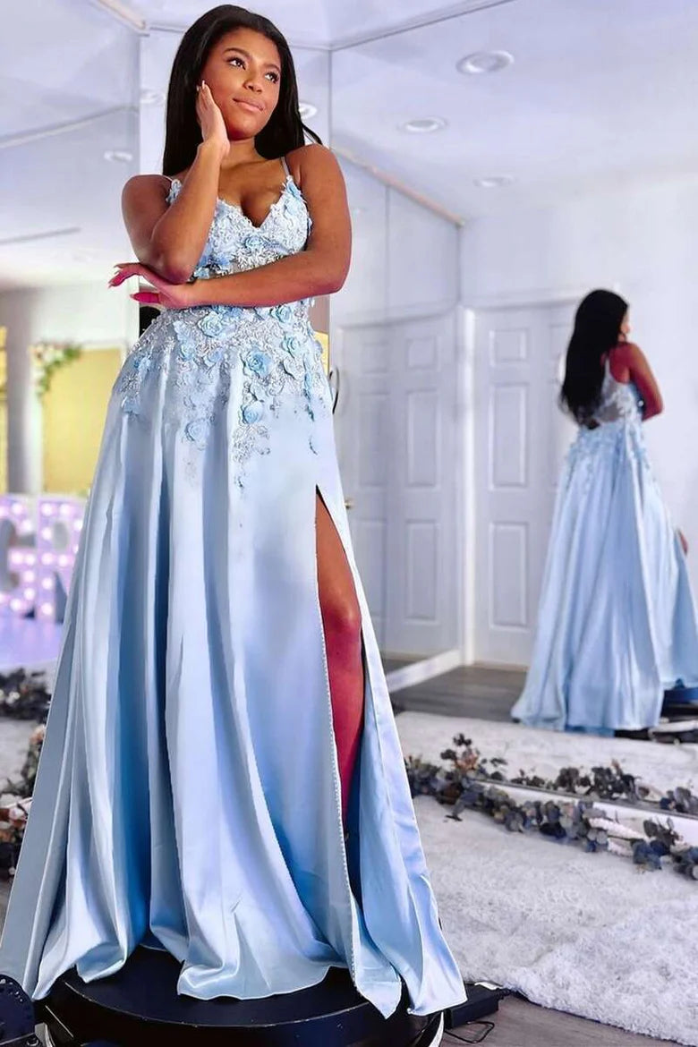 V-Neck Backless A-Line Prom Dress with 3D Flowers