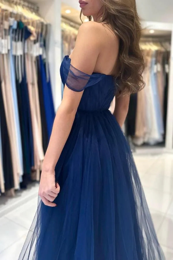 Long A-line Strapless Off the Shoulder Tulle Prom Dress