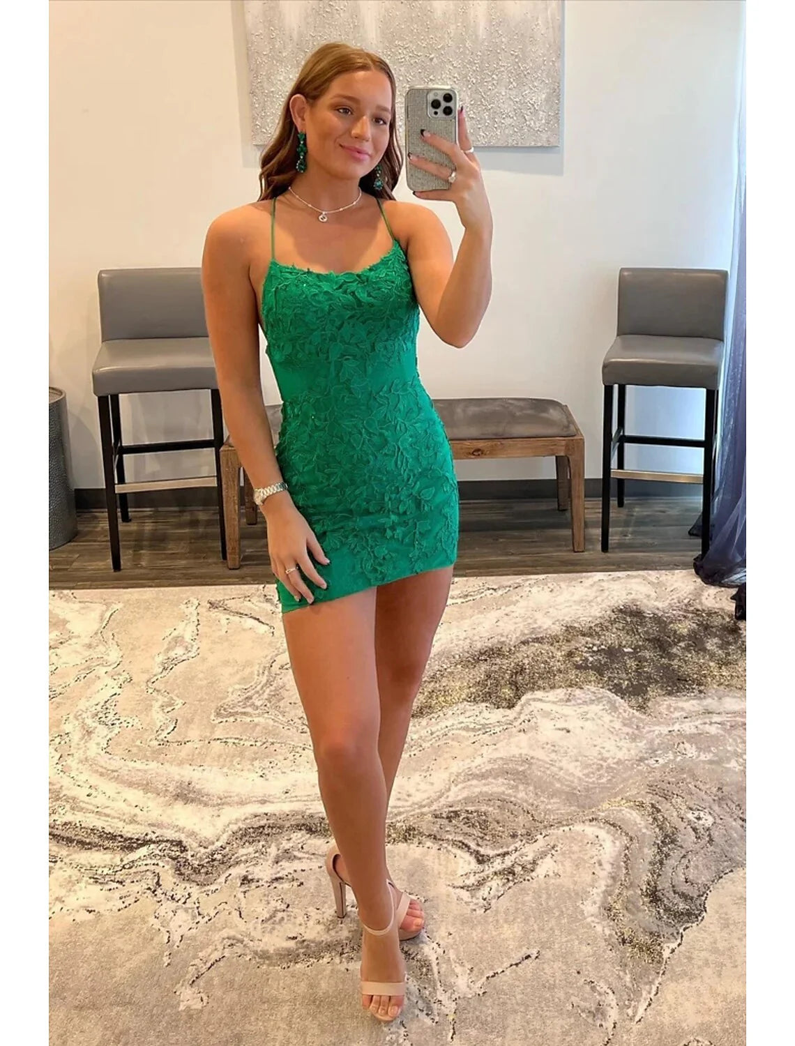 DingjiMermaid / Trumpet Cocktail Dresses Sexy Dress Homecoming Short / Mini Sleeveless Spaghetti Strap Tulle Backless with Appliques