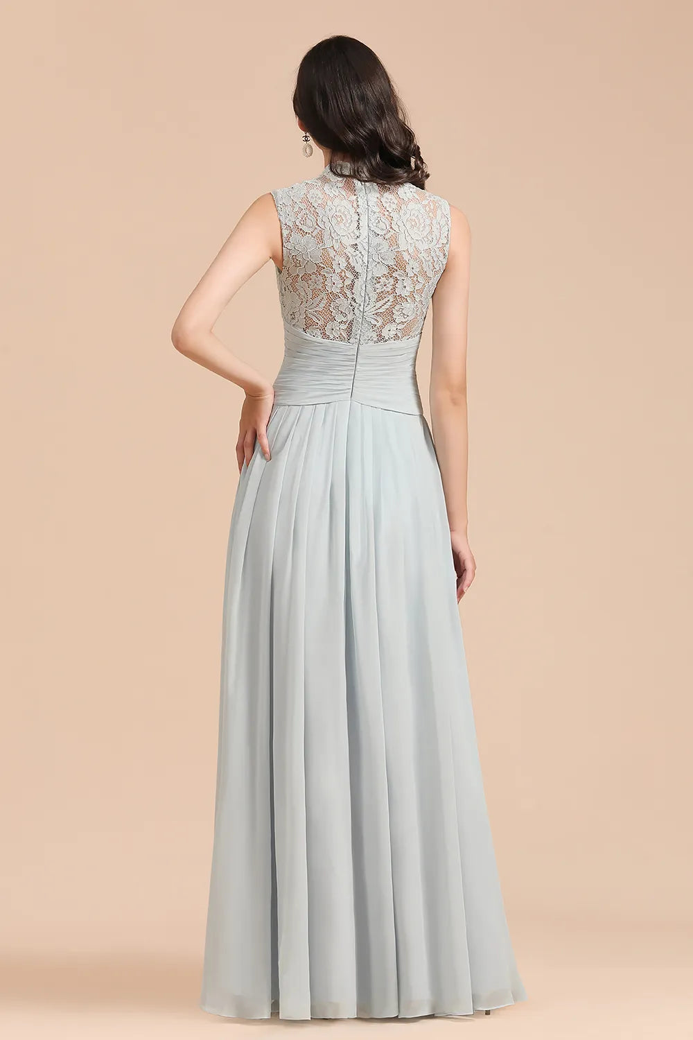 A-line High Neck Chiffon Lace Floor Length Bridesmaid Dresses