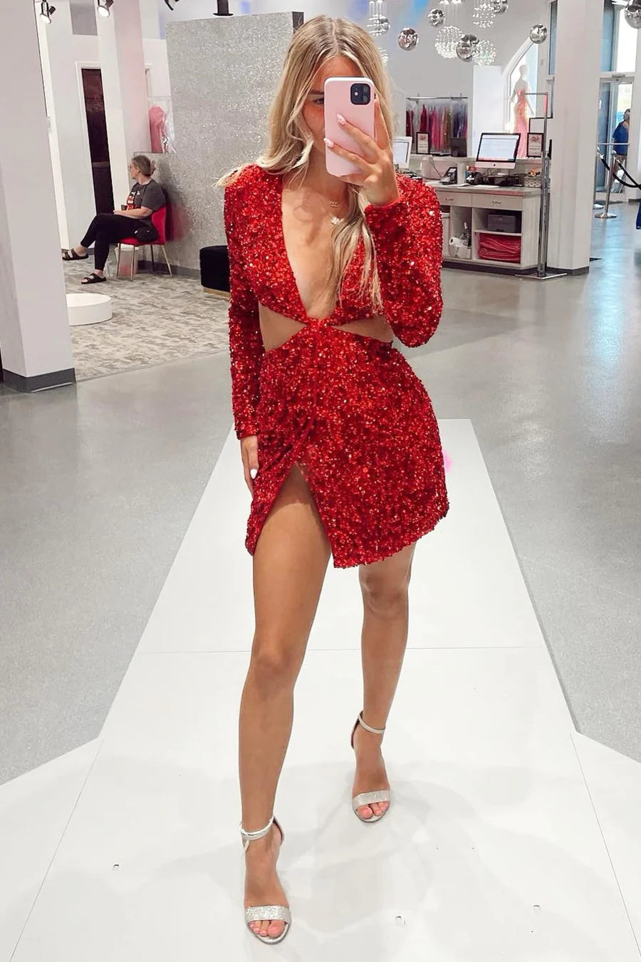 Sequin Deep V Cutout Cocktail Dress