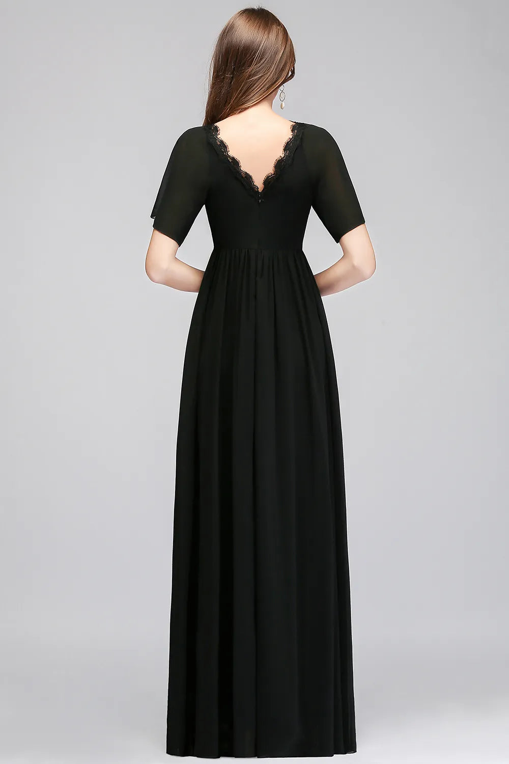 Black A-line V-Neck Floor-Length Chiffon Bridesmaid Dresses with Sleeves