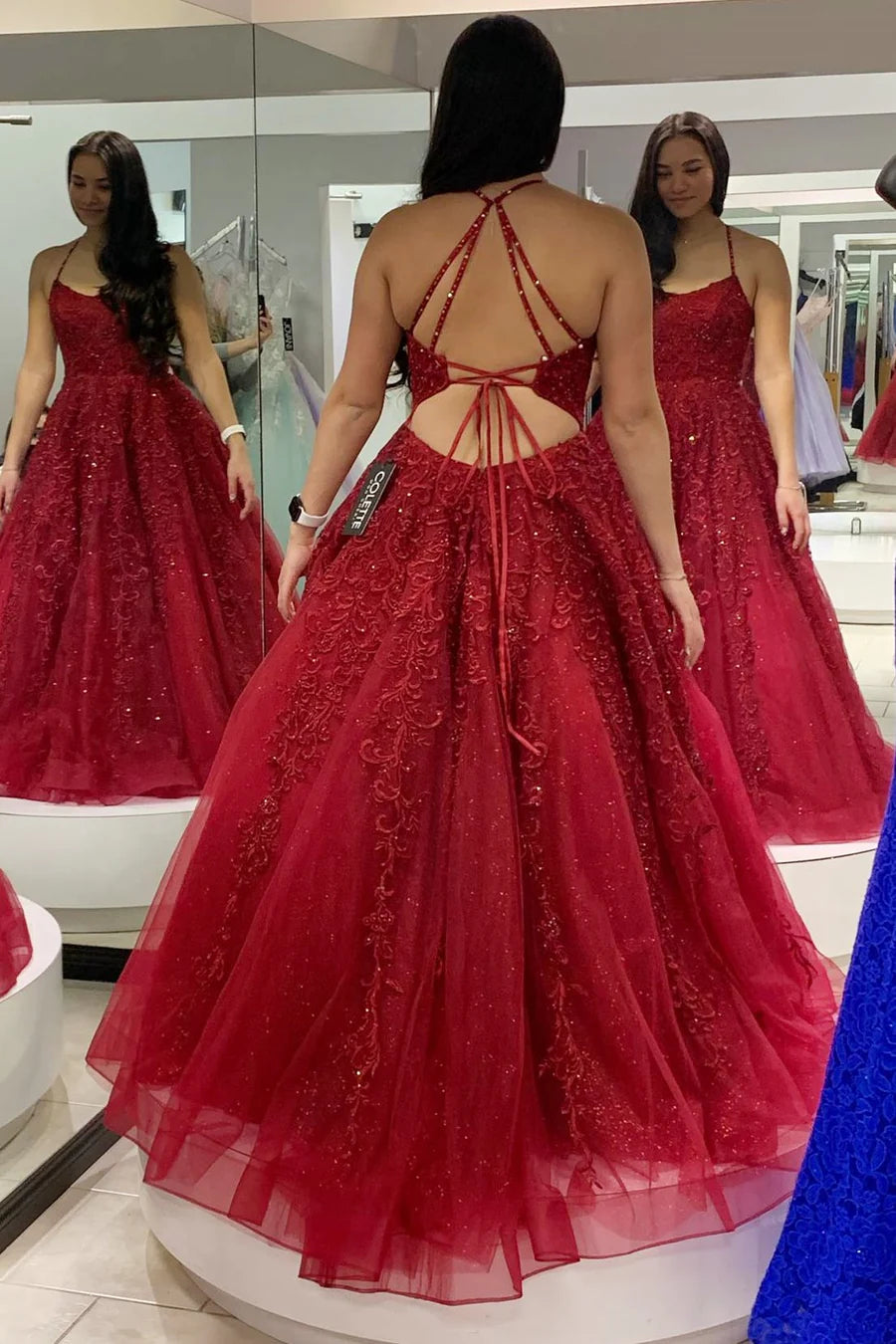 Hot Pink Applique Lace-Up Long Formal Dress