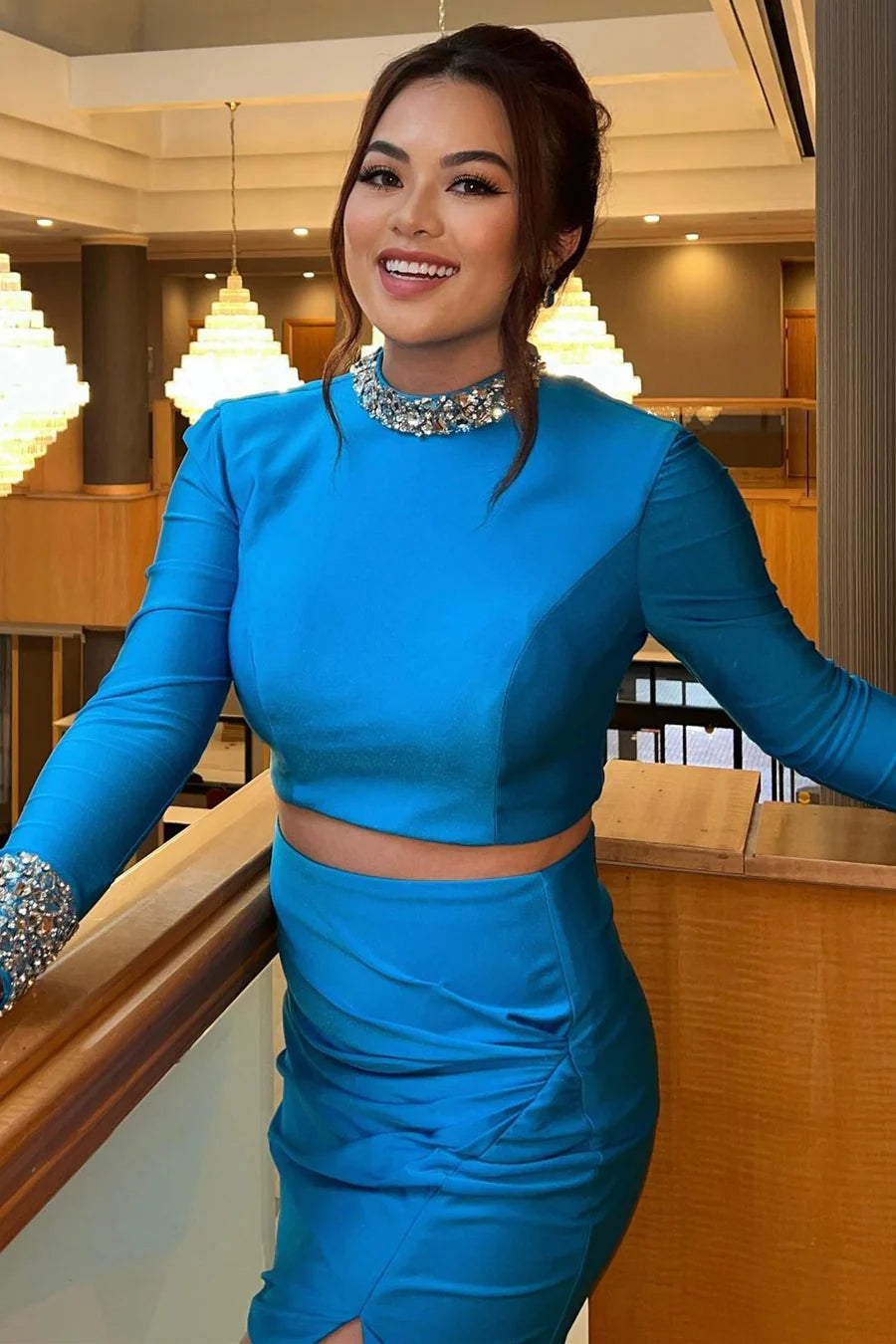 Two-Piece Hot Pink Open Back Long Sleeve Homecoming Dresses