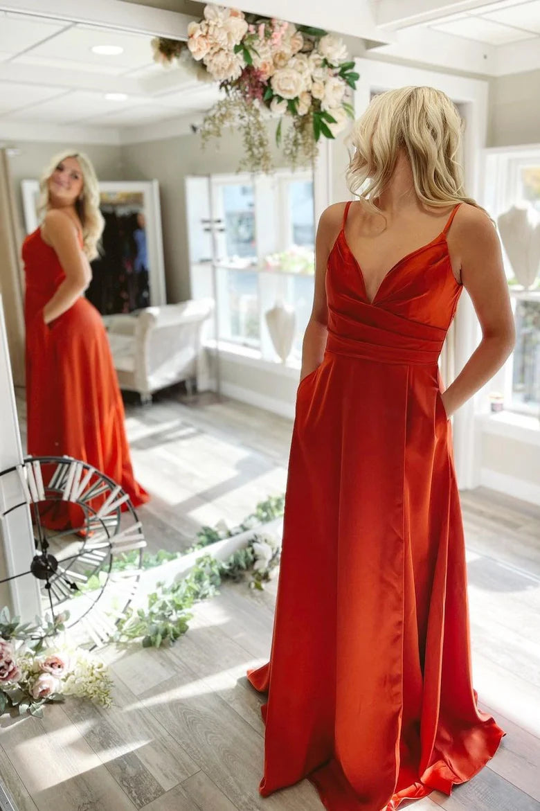 Satin Pleated V-Neck Backless Long Prom Dress