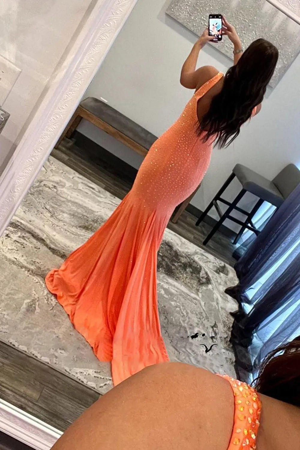 Mermaid Deep V Neck Orange Long Prom Dress with