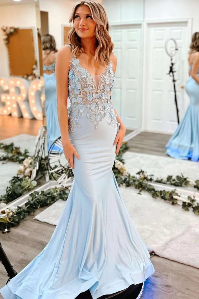 3D Floral Lace V-Neck Backless Trumpet Prom Dress