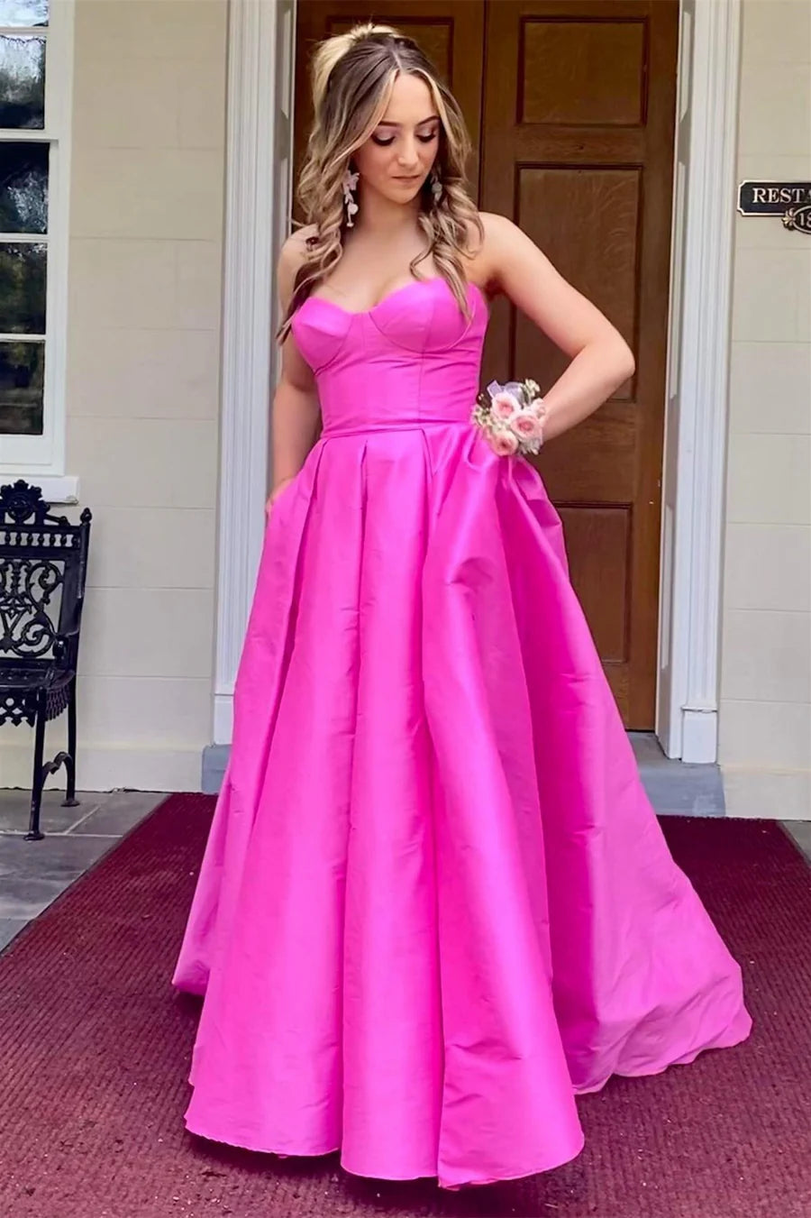Fuchsia Strapless Satin Sweeping Long Prom Dress
