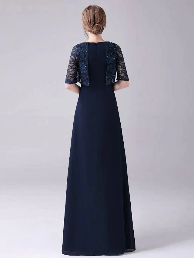 A-Line Mother of the Bride Dress Elegant Sweet Jewel Neck Floor Length Chiffon Half Sleeve with Lace Crystals