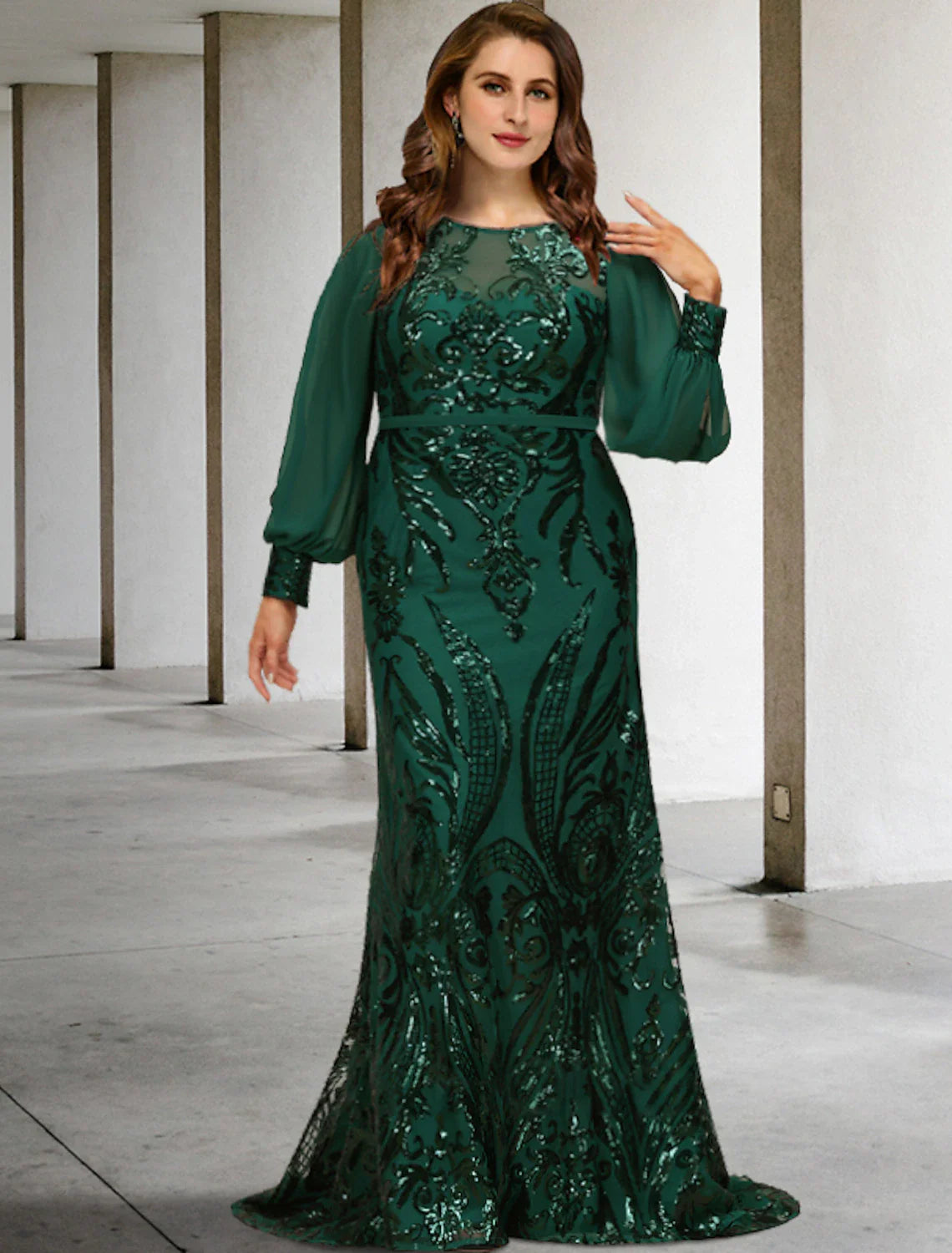 DingjiMermaid / Trumpet Mother of the Bride Dresses Plus Size Hide Belly Curve Elegant Dress Formal Sweep / Brush Train Long Sleeve Jewel Neck Chiffon with Sequin
