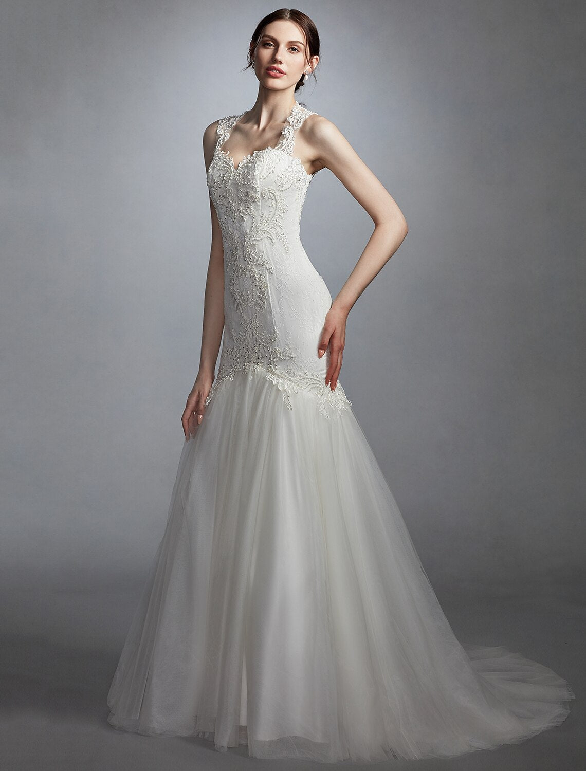 Hall Wedding Dresses Mermaid / Trumpet Sweetheart Regular Straps Court Train Lace Bridal Gowns With Pearl Beading