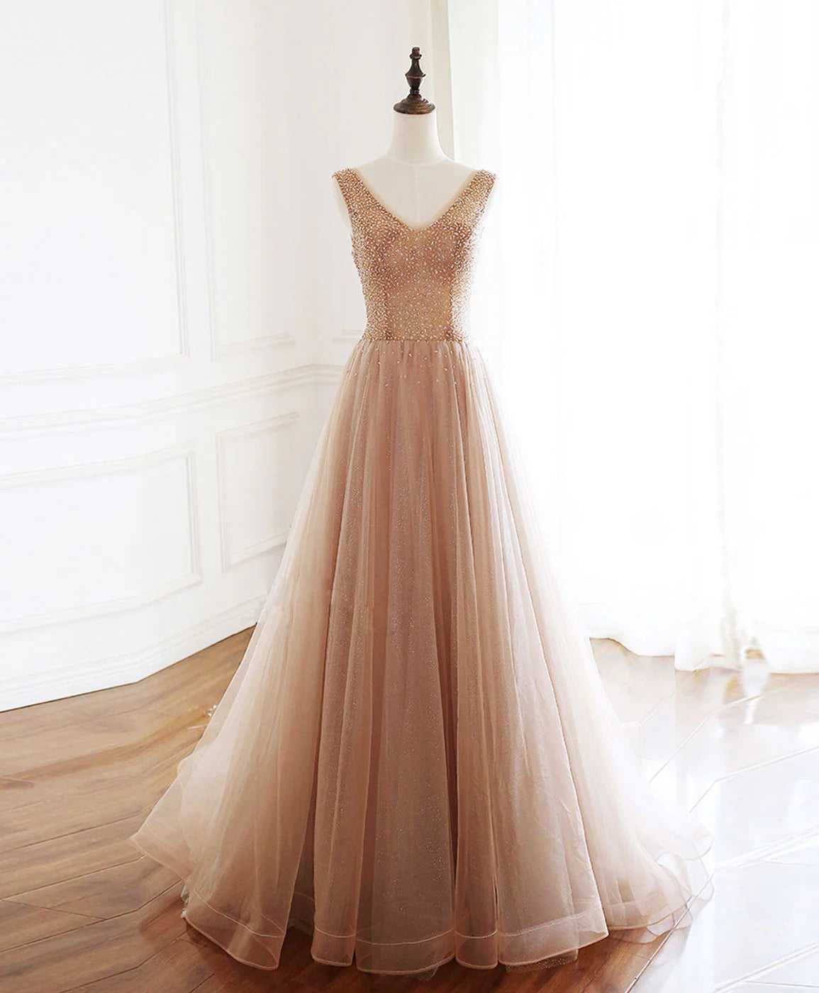 V Neck Tulle Beads Long Prom Dress Evening Dress