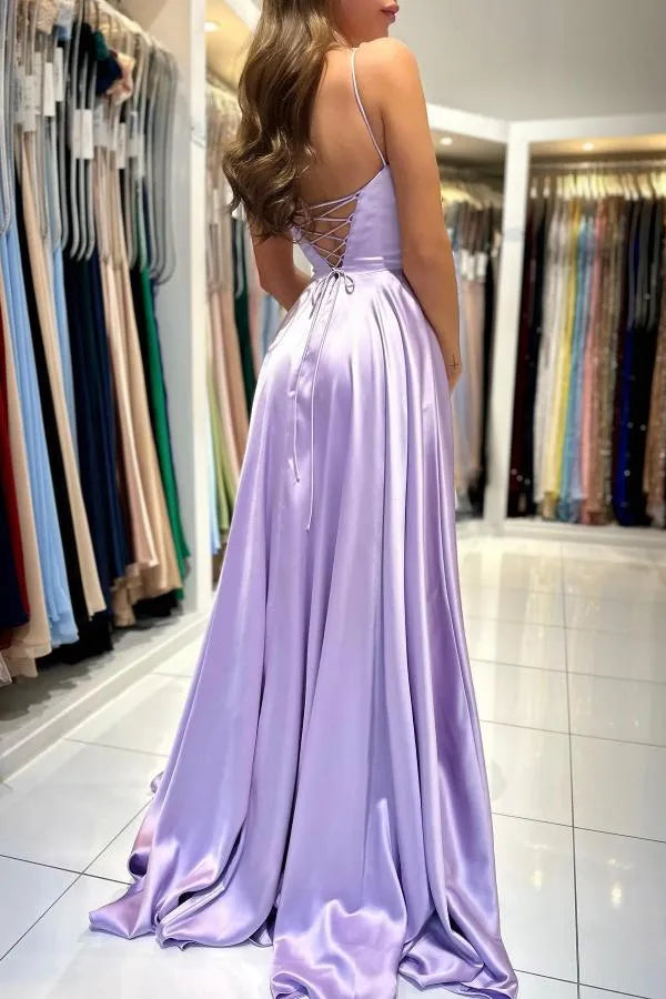 Long A-line Spaghetti Straps Satin Backless Prom Dress with Ruffles