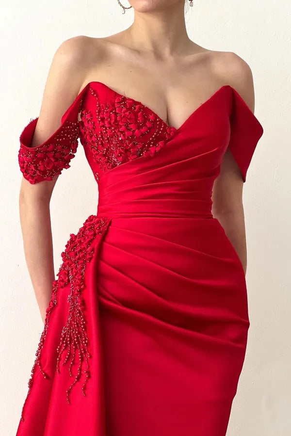Red Long Mermaid Off the Shoulder Satin Lace Evening Prom Dresses