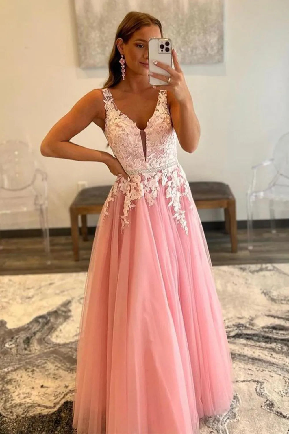 A-Line Tulle Prom Dress with Appliques