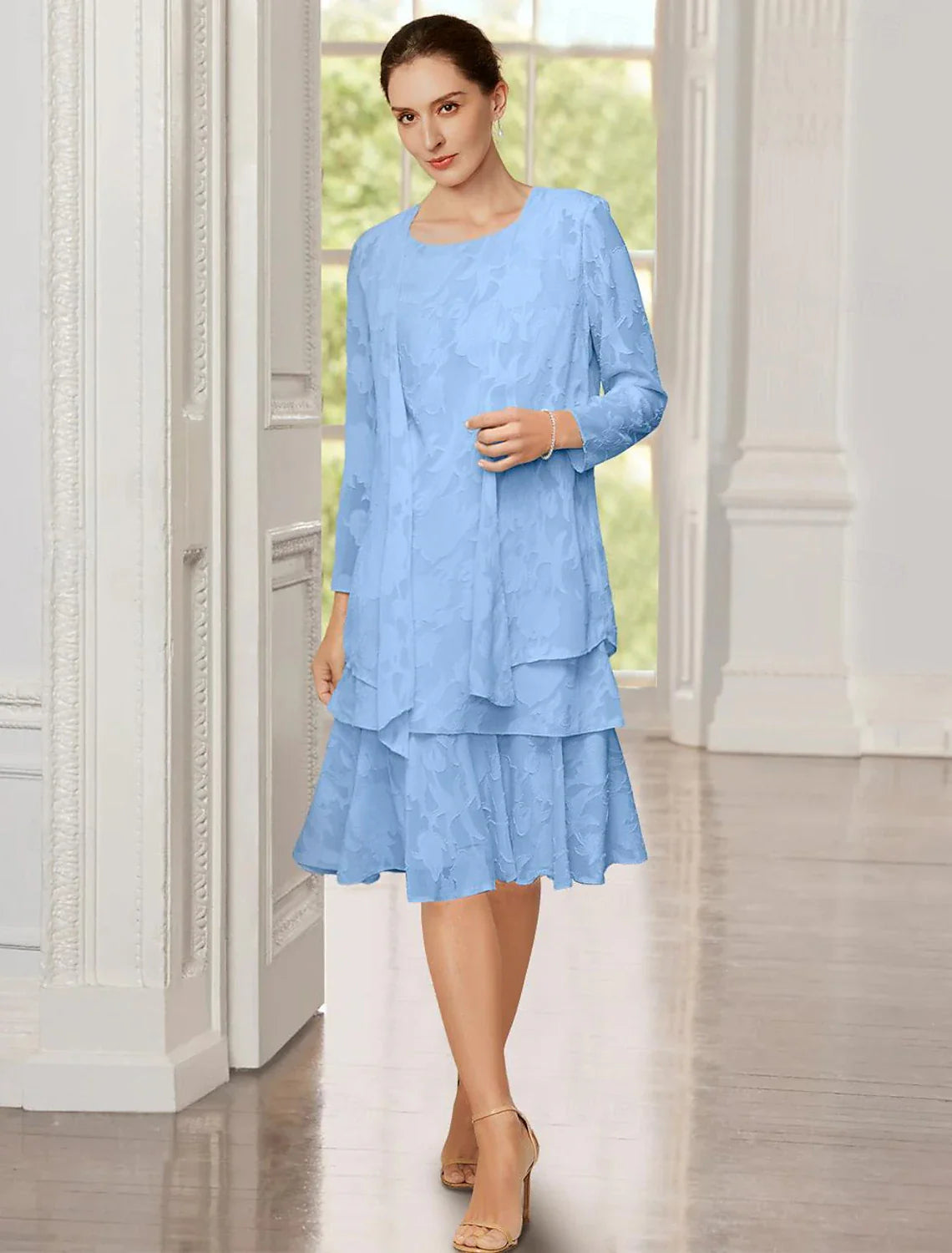 A-Line Mother of the Bride Dress Formal Wedding Guest Elegant Scoop Neck Tea Length Chiffon Long Sleeve with Cascading Ruffles