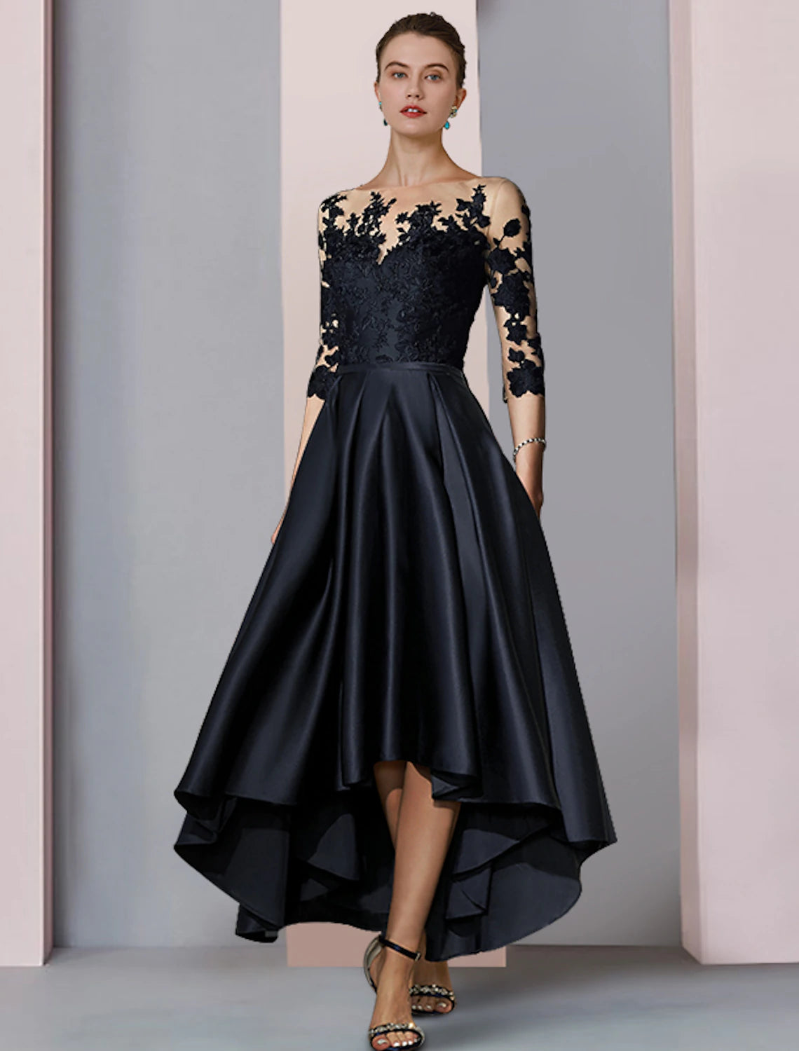 A-Line Mother of the Bride Dress Fall Wedding Guest Elegant High Low Scoop Neck Asymmetrical Tea Length Satin Lace 3/4 Length Sleeve with Pleats Appliques 2023