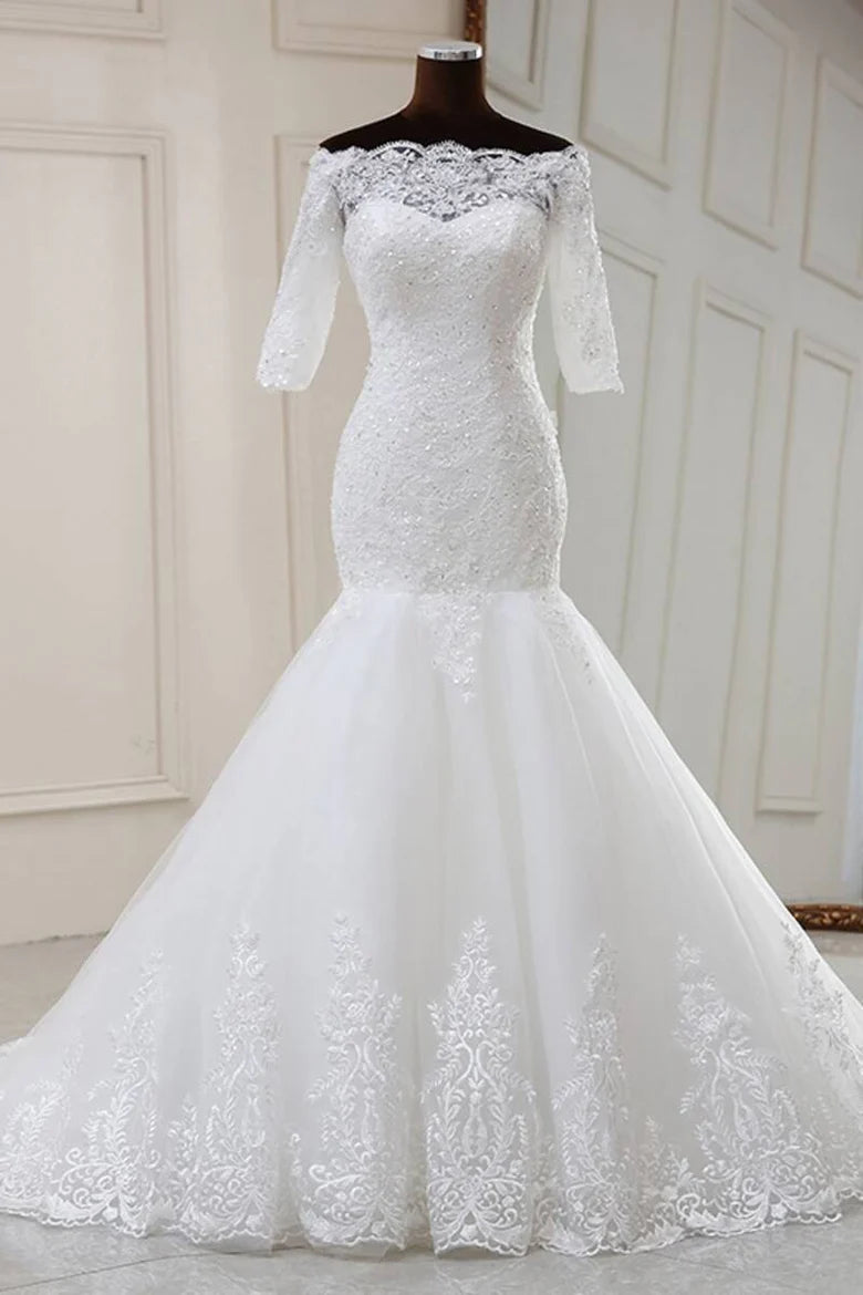 Lace Off-the-Shoulder Half Sleeve Trumpet Wedding Dress
