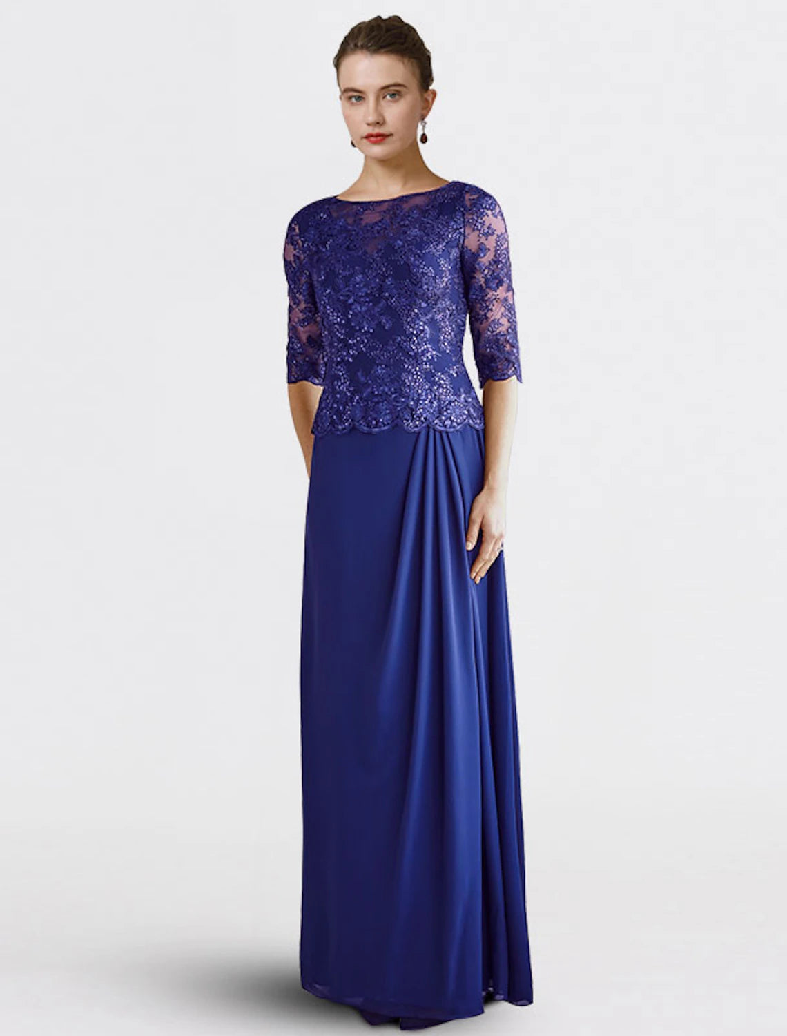 Sheath / Column Mother of the Bride Dress Plus Size Elegant Jewel Neck Floor Length Chiffon Lace Half Sleeve with Sequin Appliques