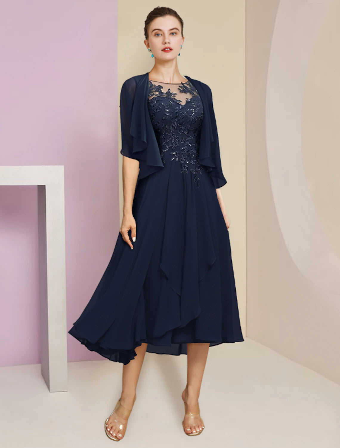 Two Piece A-Line Mother of the Bride Dress Formal Wedding Guest Elegant Scoop Neck Tea Length Chiffon Lace Short Sleeve Wrap Included with Pleats Sequin Appliques