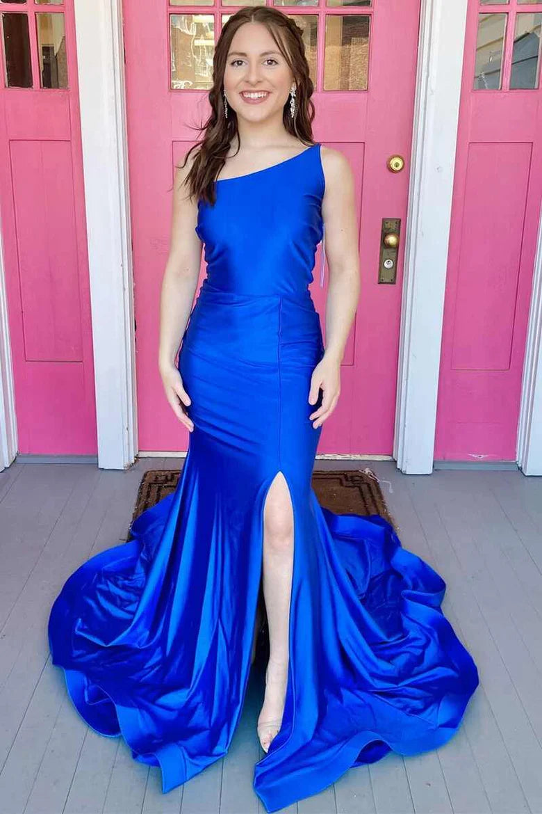 Satin One-Shoulder Trumpet Long Prom Dress