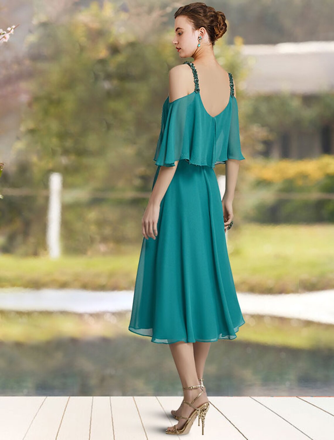 A-Line Mother of the Bride Dress Elegant Sweet V Neck Tea Length Chiffon Sleeveless with Sash / Ribbon Beading