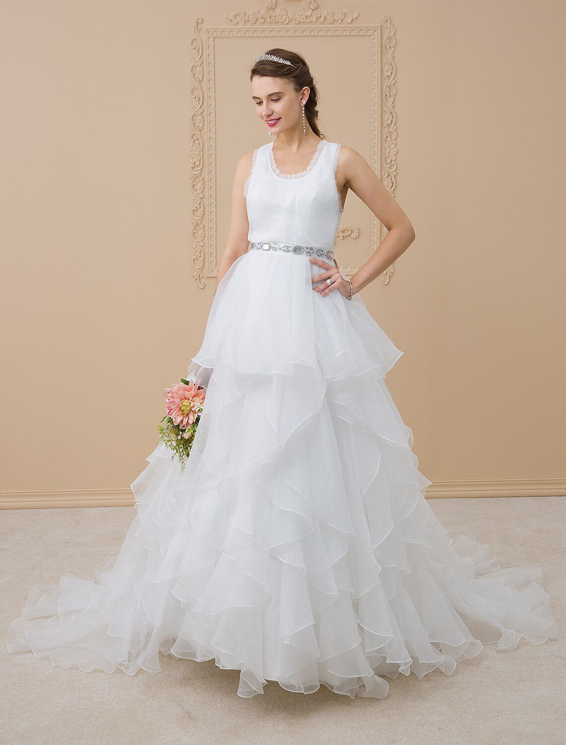 A-Line Scoop Neck Sweep / Brush Train Chiffon / Tulle Made-To-Measure Wedding Dresses with Appliques by