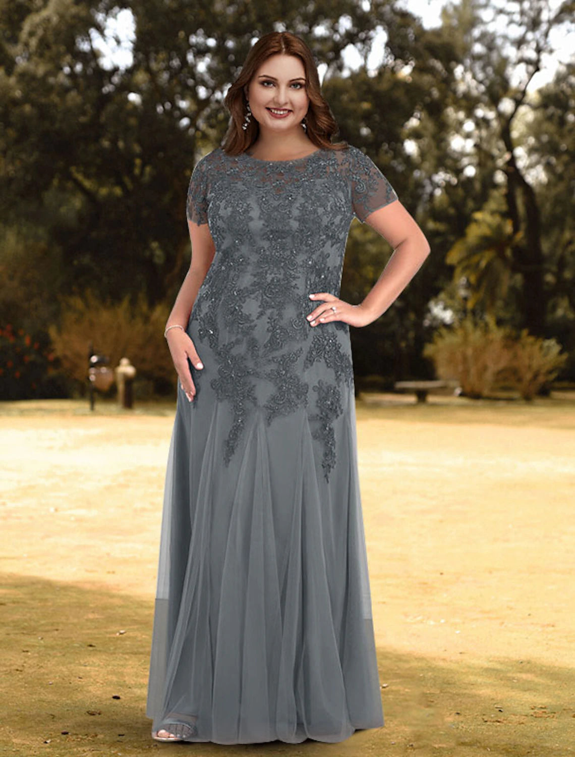 A-Line Evening Gown Floral Dress Wedding Guest Formal Evening Floor Length Short Sleeve Jewel Neck Lace with Pleats Pure Color