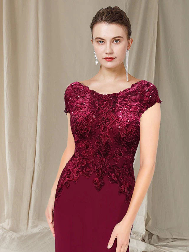 DingjiA-Line Mother of the Bride Dress Elegant Jewel Neck Sweep / Brush Train Chiffon Lace Short Sleeve with Appliques