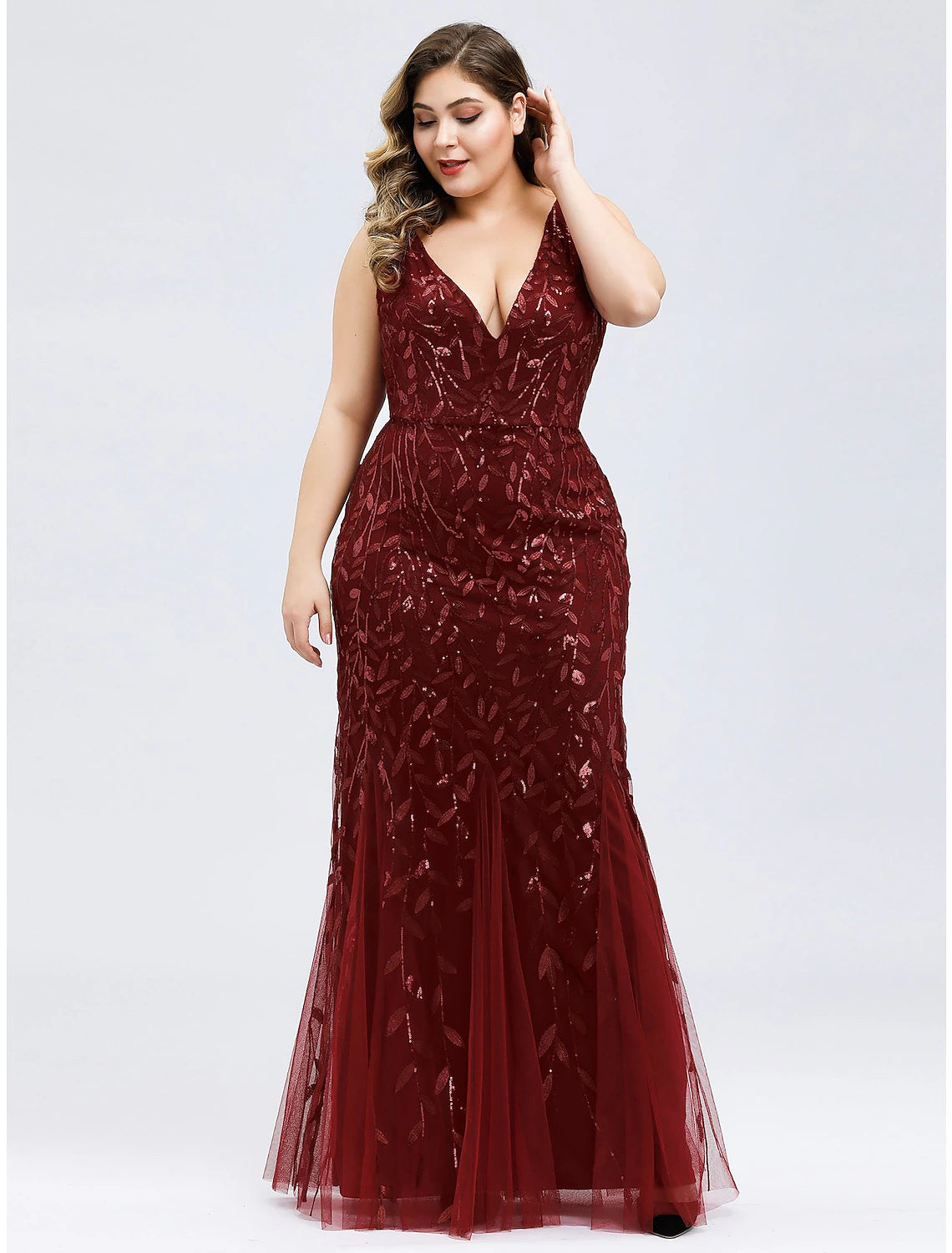 Mermaid / Trumpet Plus Size Sexy Prom Formal Evening Dress V Neck Sleeveless Floor Length Tulle with Appliques