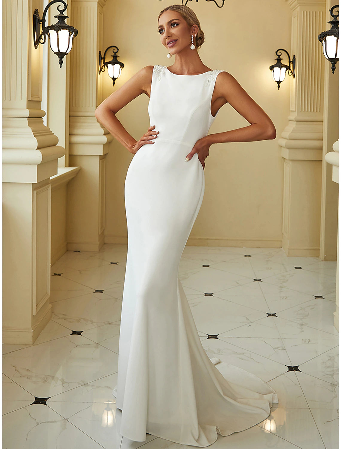 Reception Casual Wedding Dresses Mermaid / Trumpet Scoop Neck Sleeveless Sweep / Brush Train Stretch Fabric Bridal Gowns With Beading Solid Color Summer Wedding Party