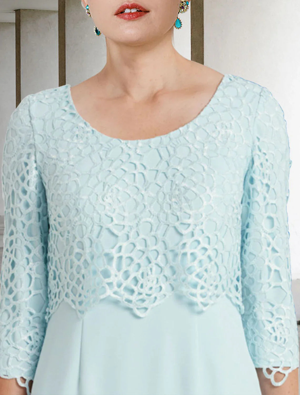 DingjiTwo Piece Sheath / Column Mother of the Bride Dress Church Elegant Winter With Jacket Half Sleeve Scoop Neck Knee Length Lace Stretch Chiffon Crystal Brooch