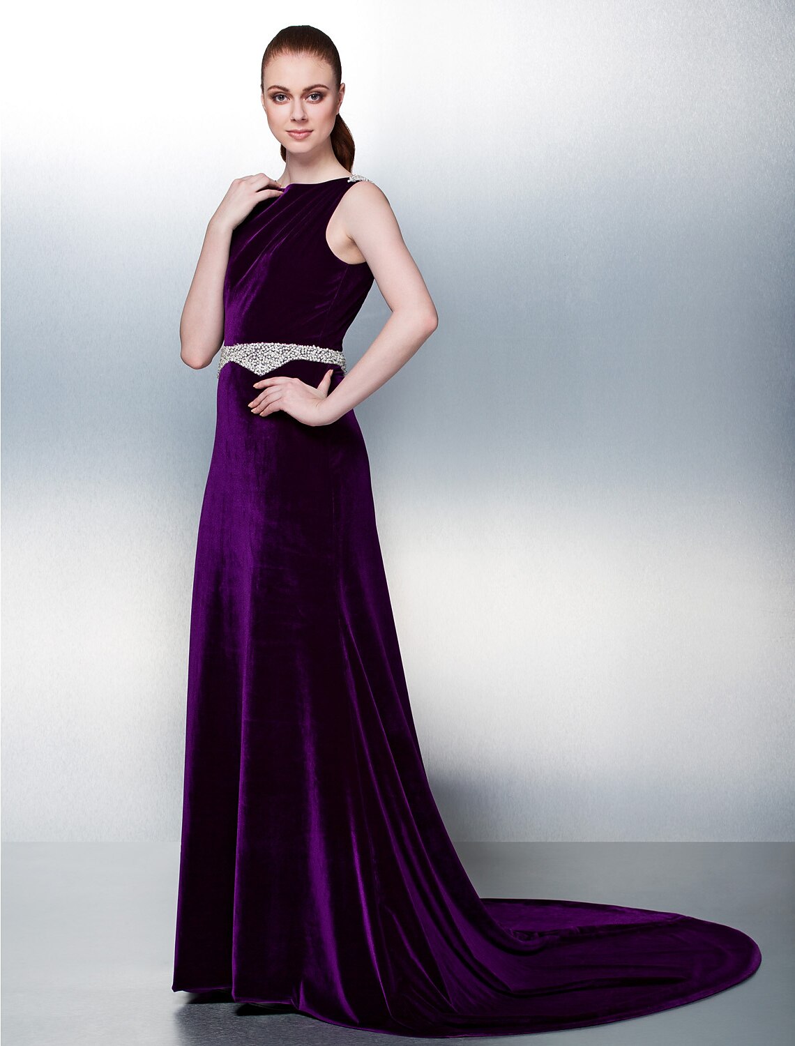 A-Line Open Back Formal Evening Dress Bateau Neck Sleeveless Court Train Velvet with Sash / Ribbon Pearls Beading