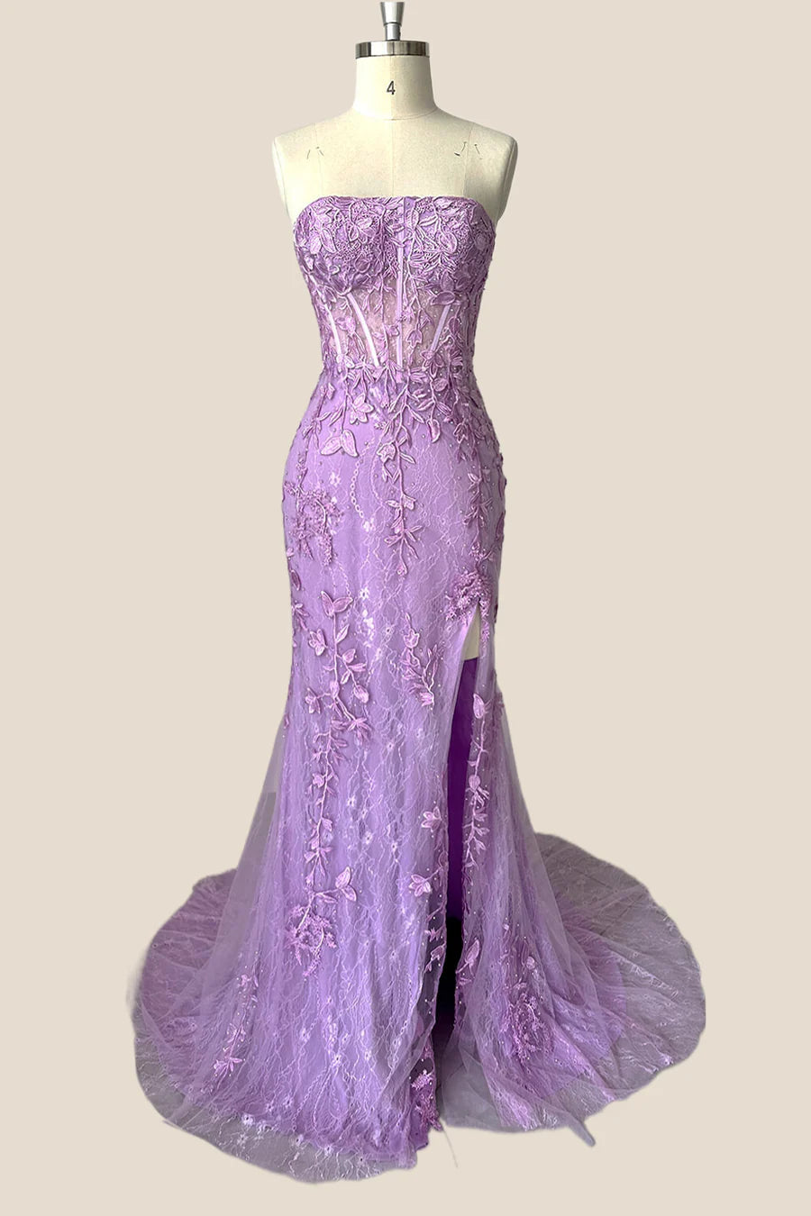 Strapless Lavender Lace Mermaid Long Prom Dress