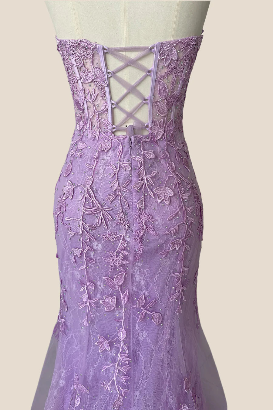 Strapless Lavender Lace Mermaid Long Prom Dress