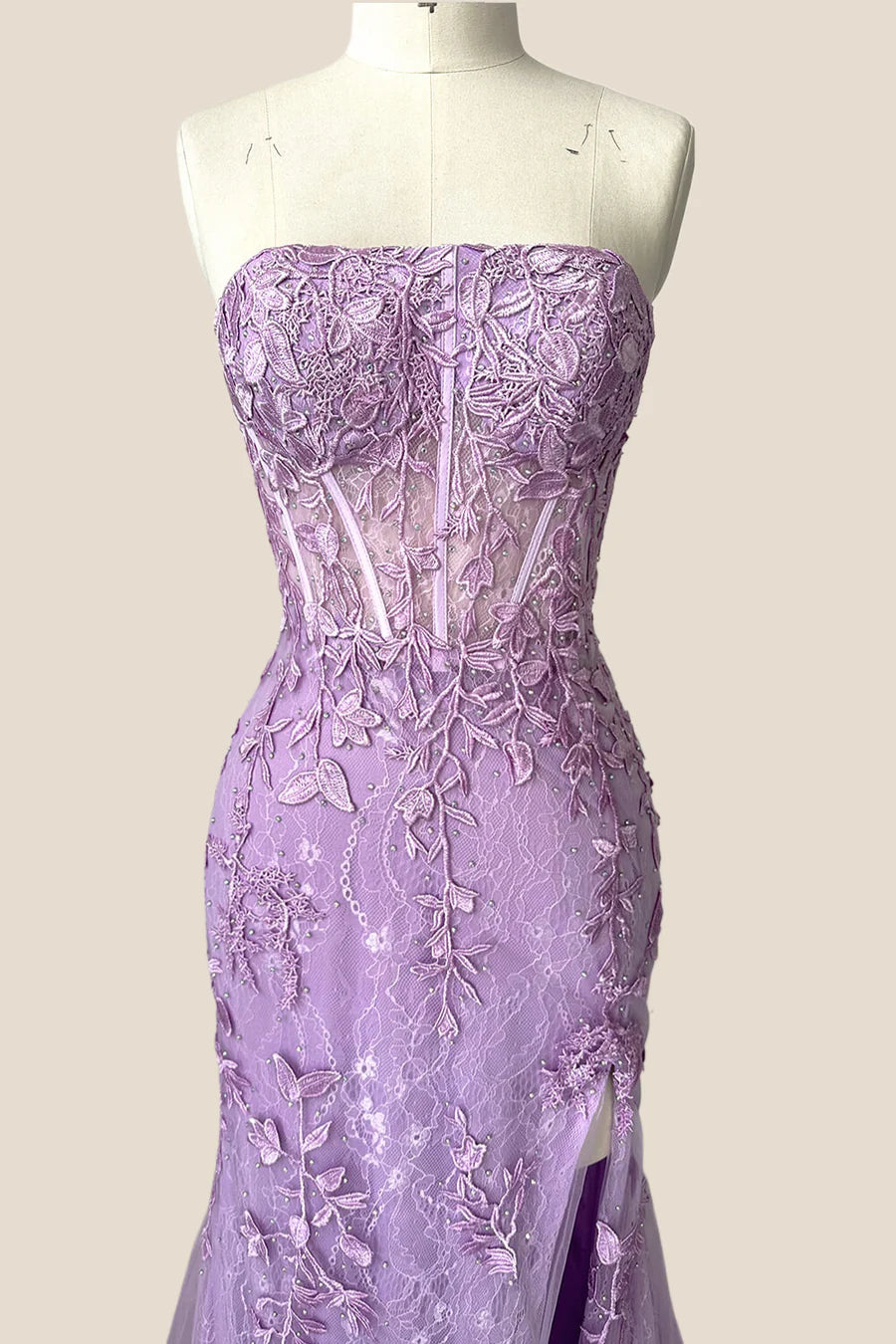 Strapless Lavender Lace Mermaid Long Prom Dress