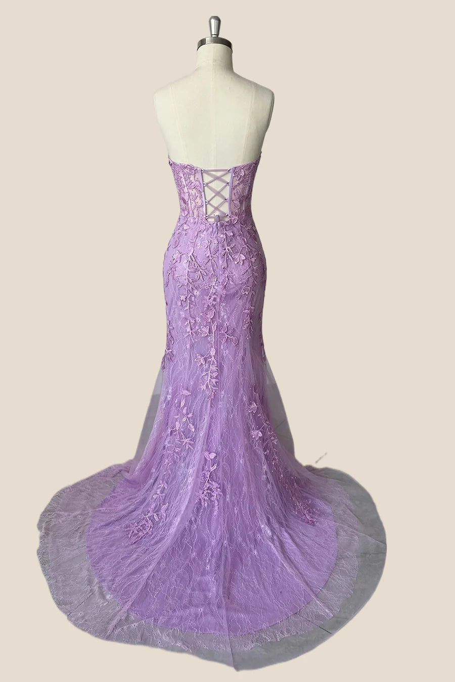 Strapless Lavender Lace Mermaid Long Prom Dress