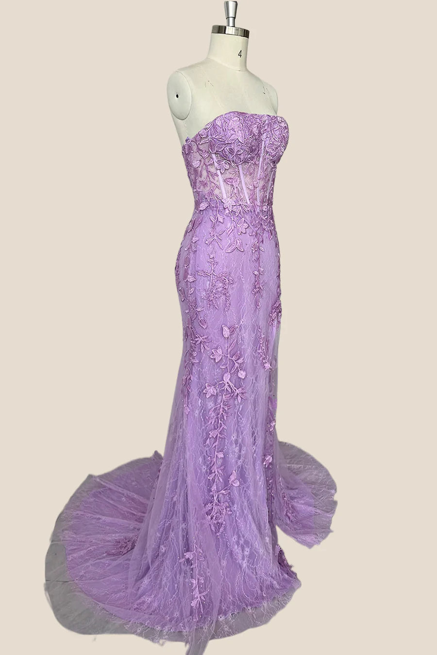 Strapless Lavender Lace Mermaid Long Prom Dress