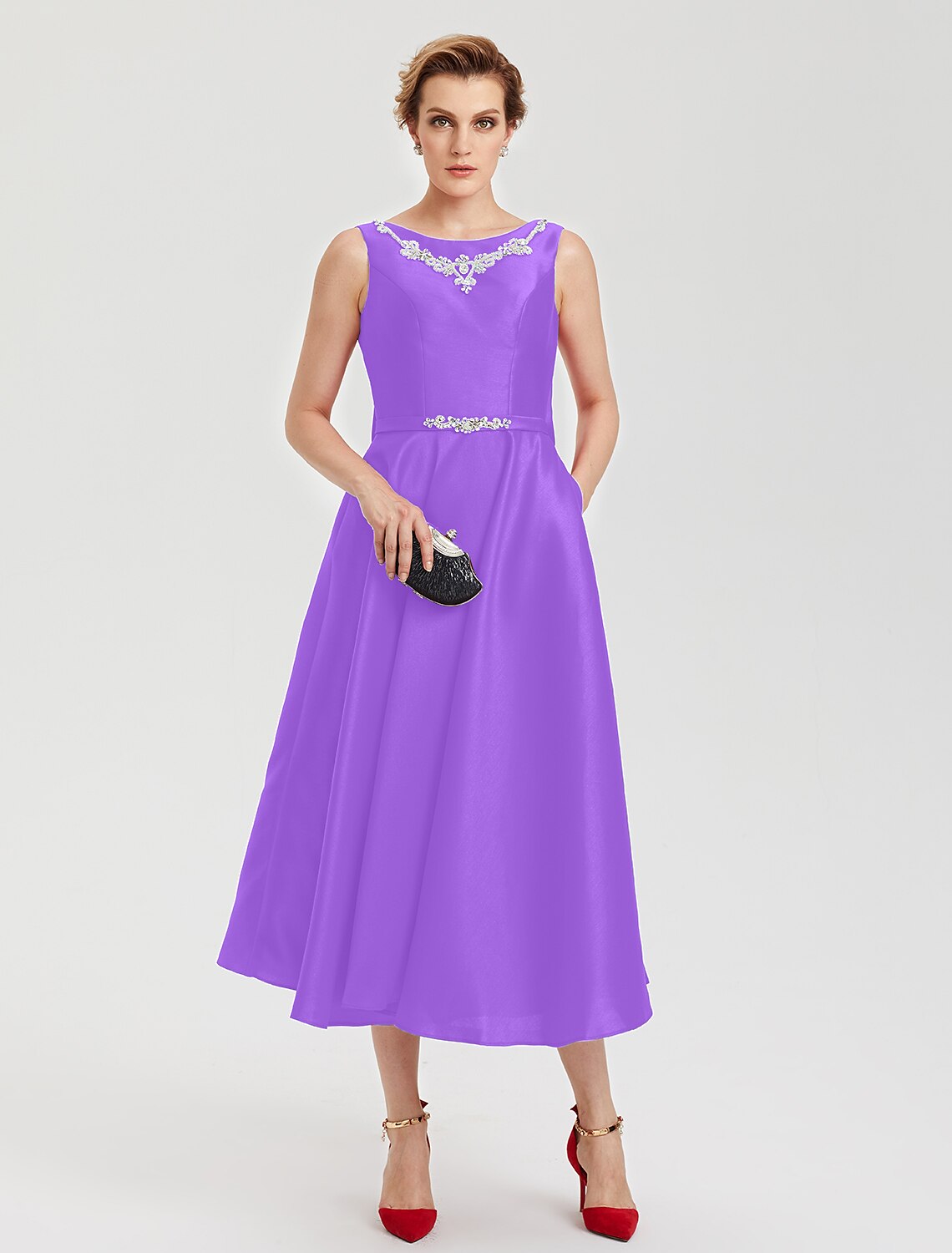 A-Line Elegant Open Back Evening Party Formal Dress Jewel Neck Sleeveless Tea Length Satin with Rhinestone Crystal Sash / Ribbon