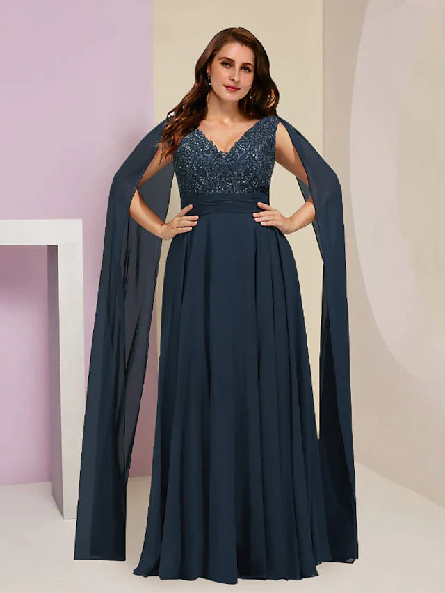DingjiPlus Size Curve Mother of the Bride Dress Formal Party Elegant V Neck Floor Length Chiffon Lace Sleeveless with Pleats Sequin