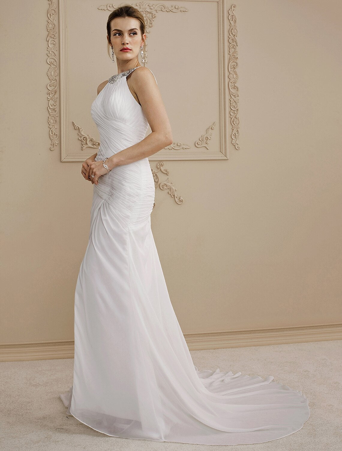 Sheath / Column Jewel Neck Court Train Chiffon Made-To-Measure Wedding Dresses with Split Front / Side-Draped / Open Back