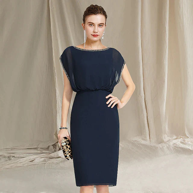 Sheath / Column Mother of the Bride Dress Plus Size Elegant Jewel Neck Knee Length Chiffon Cap Sleeve with Beading