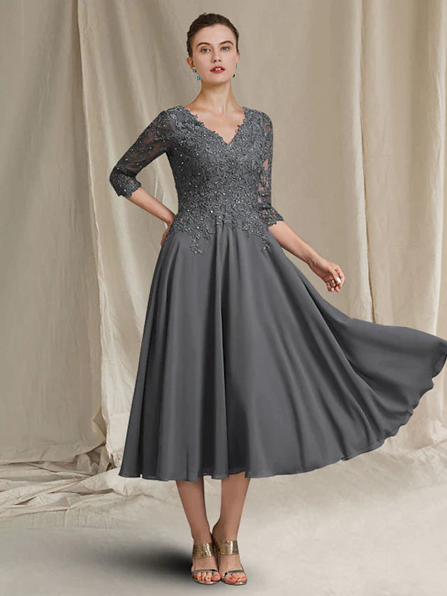 A-Line Mother of the Bride Dress Plus Size Elegant V Neck Tea Length C –  DingJi WeddingDress