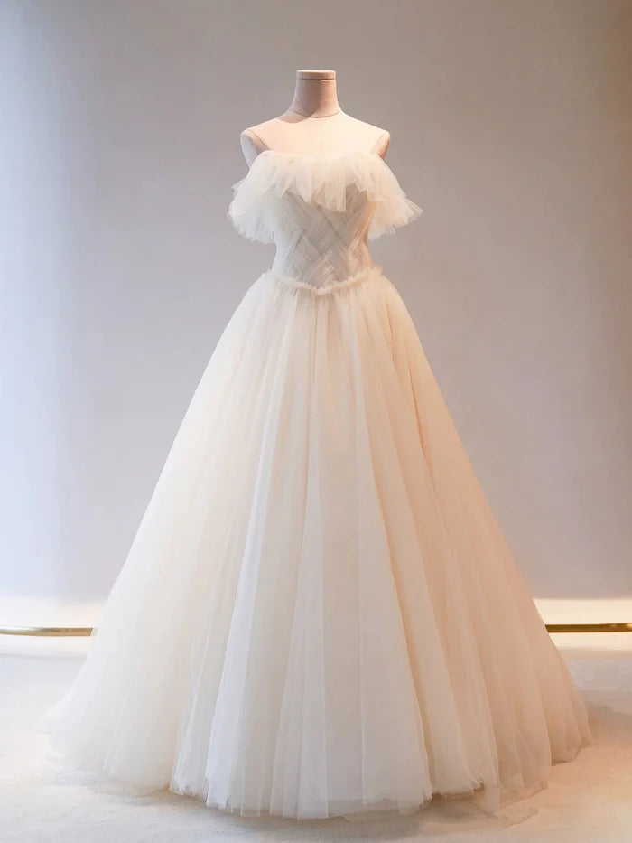 Light Champagne Tulle Long Prom Dress Tulle Formal Wedding Dress