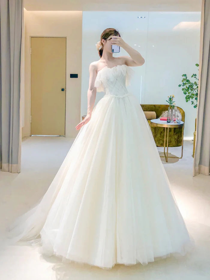 Light Champagne Tulle Long Prom Dress Tulle Formal Wedding Dress