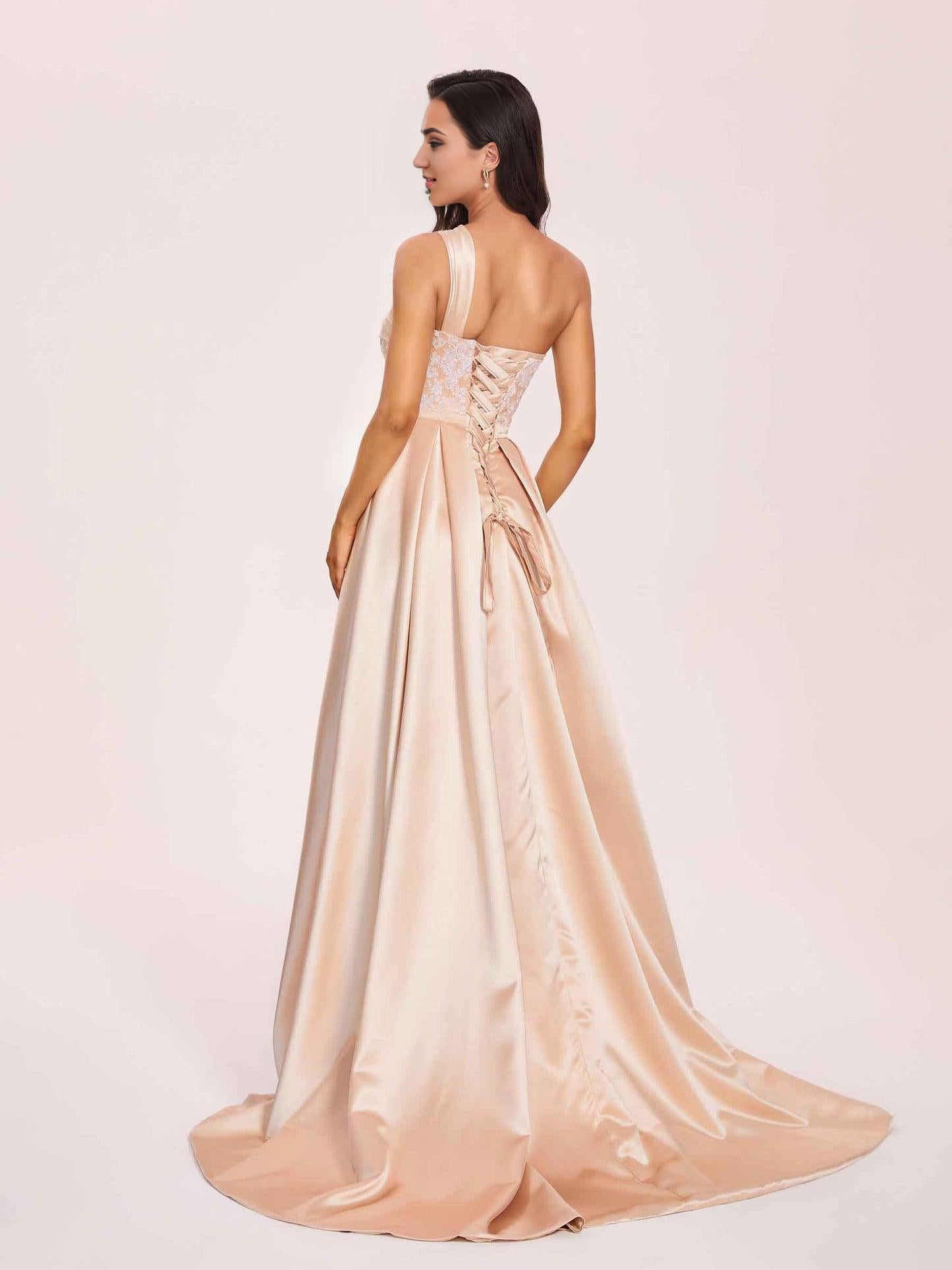 Champagne One Sholder Long with Diamond Waist and Attached Train Formal Prom Dress