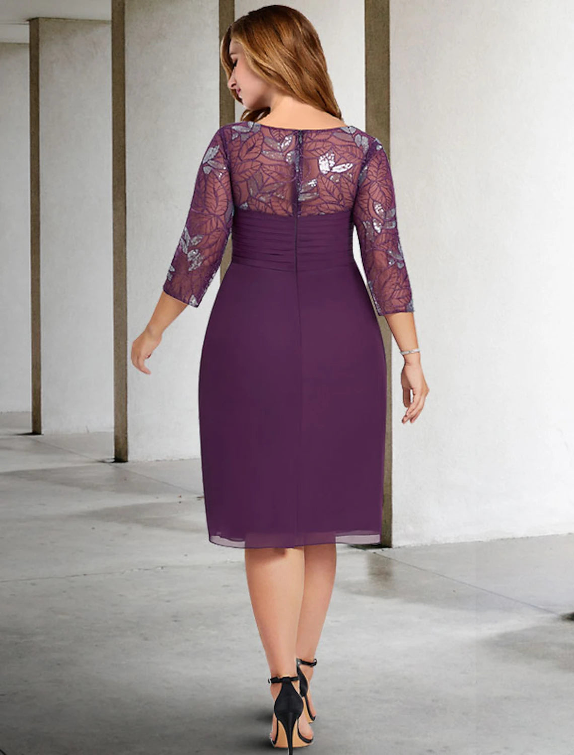 Sheath / Column Plus Size Curve Mother of the Bride Dresses Elegant Dress Formal Knee Length 3/4 Length Sleeve Jewel Neck Chiffon with Pleats Ruched Sequin