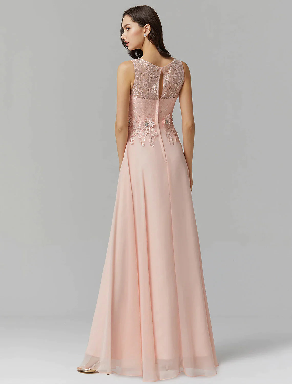 A-Line Empire Dress Valentine's Day Wedding Guest Floor Length Sleeveless Illusion Neck Bridesmaid Dress Chiffon with Beading Appliques