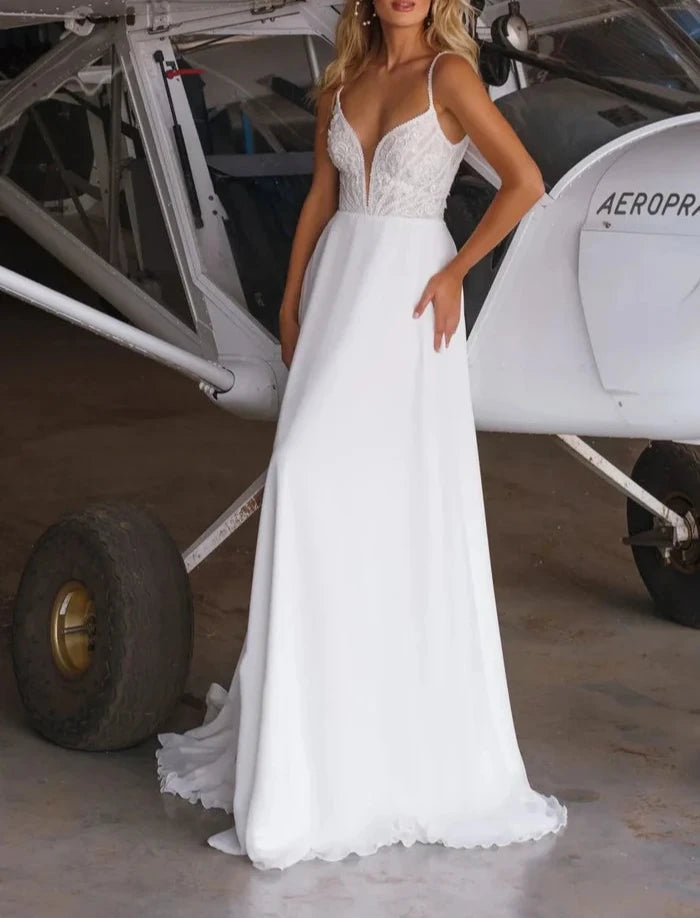 A-Line V Neck Chiffon Sweep Train Wedding Dress