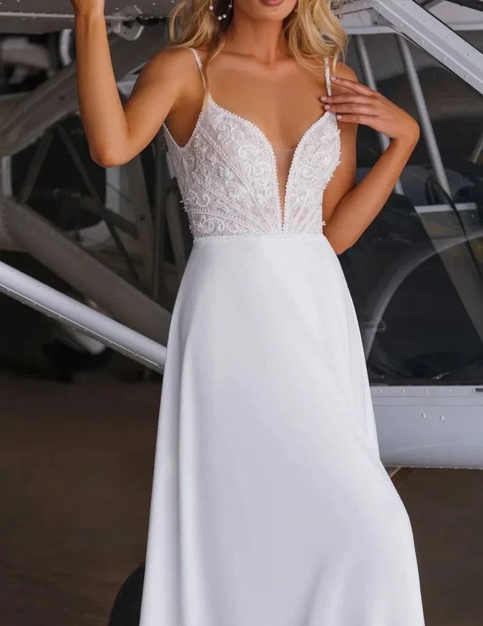 A-Line V Neck Chiffon Sweep Train Wedding Dress